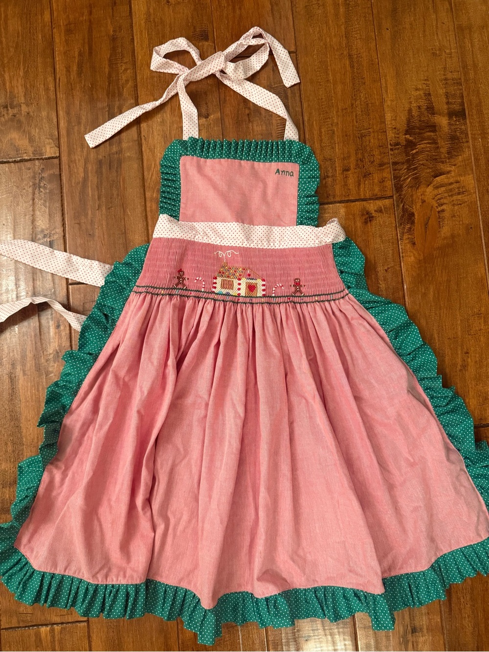 Smocked Apron Christmas Gingerbread House Girls Anna ruffled trim